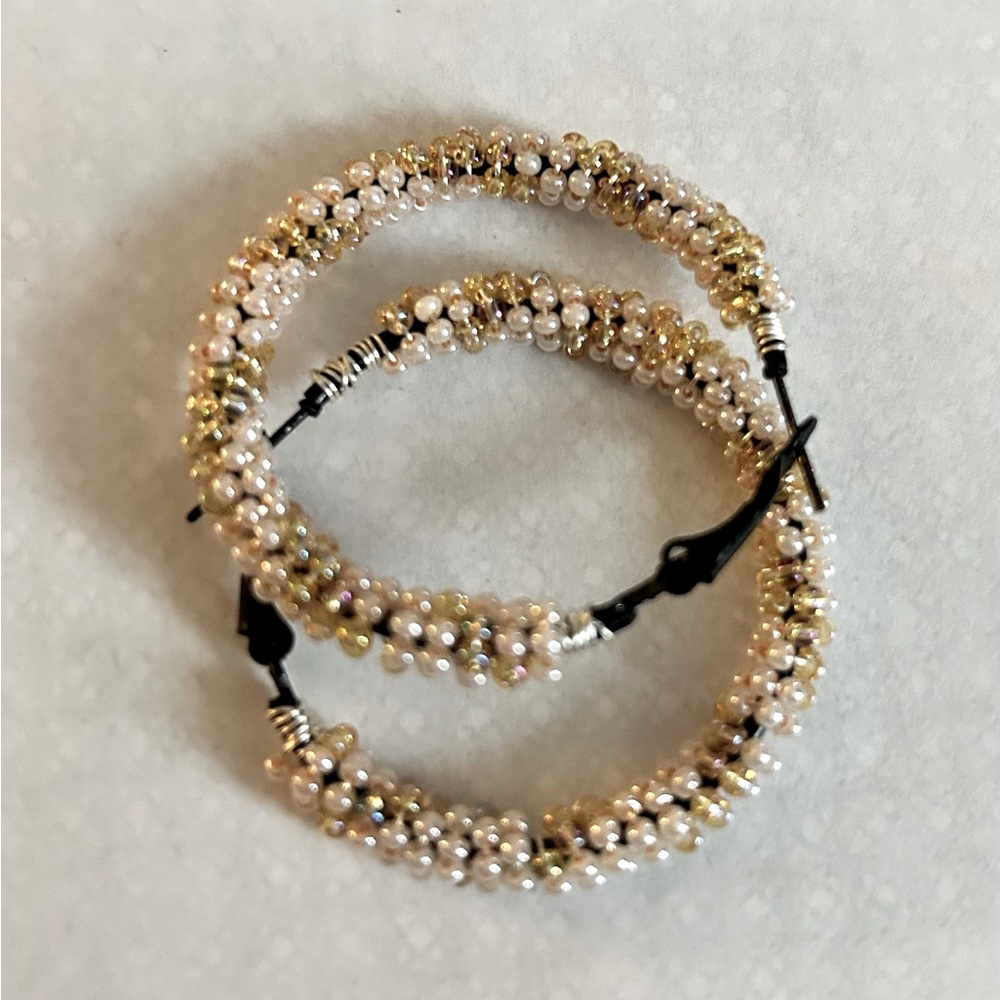 Hand-Beaded Champagne Hoop Earrings NWOT